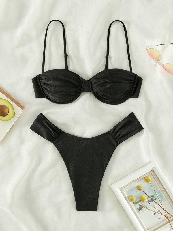 Suspender Pleated Beach Bikini Swimsuit - SALA