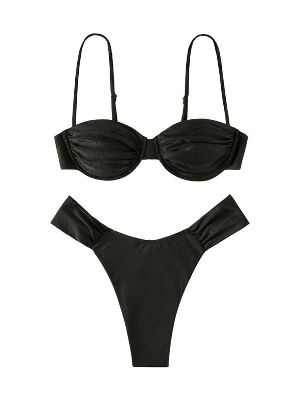 Suspender Pleated Beach Bikini Swimsuit - SALA