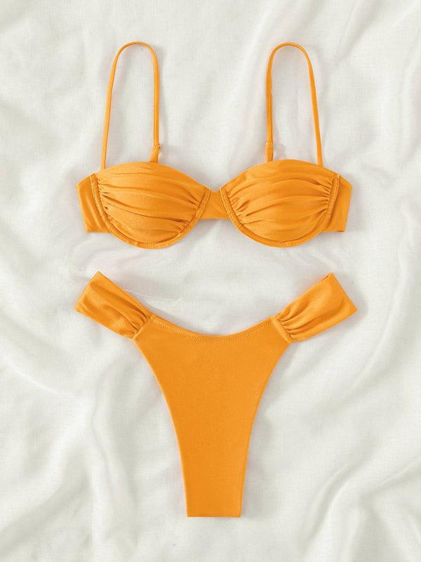 Suspender Pleated Beach Bikini Swimsuit - SALA