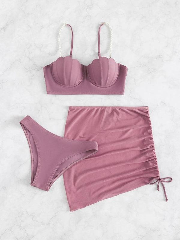 Three-piece Bikini Swimsuit Set With Mesh Beach Skirt Coverup - SALA