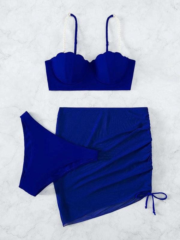 Three-piece Bikini Swimsuit Set With Mesh Beach Skirt Coverup - SALA
