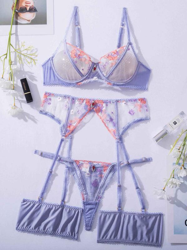 Three-Piece Embroidery Lingerie Set With Mesh Splicing Underwear - SALA