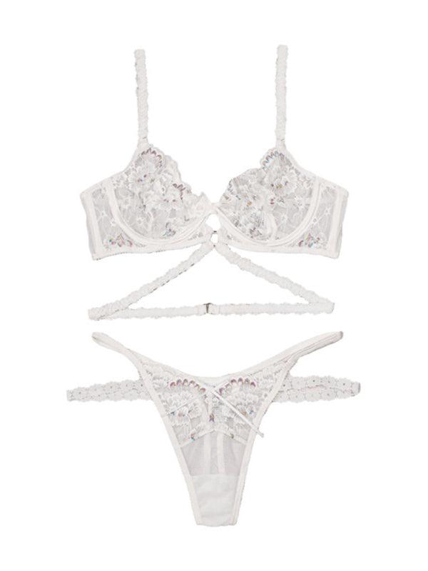 Three-Piece Floral Embroidery Lingerie Set With Underwire Lace Bra - SALA