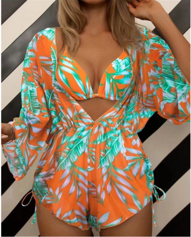 Tropical Three Piece Bikini Swimsuit Set With Long Sleeve Coverup - SALA