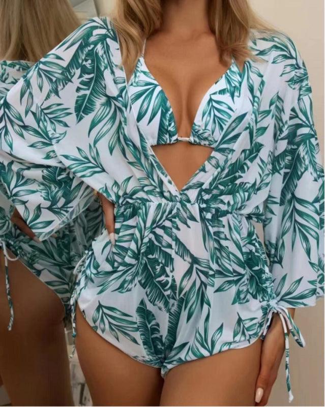 Tropical Three Piece Bikini Swimsuit Set With Long Sleeve Coverup - SALA