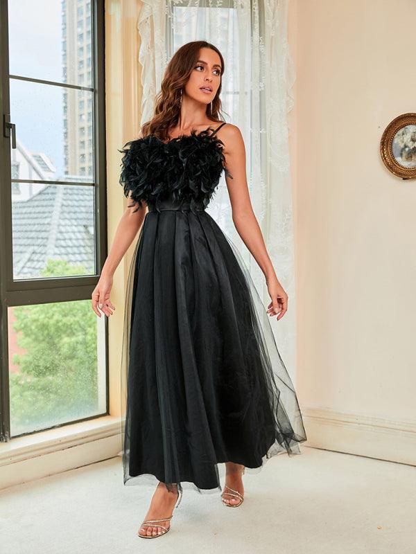 Woman's Feather Mesh Ball Gown Dress - SALA
