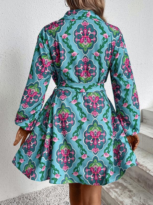 Woman'S Autumn New Lapel High Waist Bow Green Long Sleeve Print Dress Wholesale