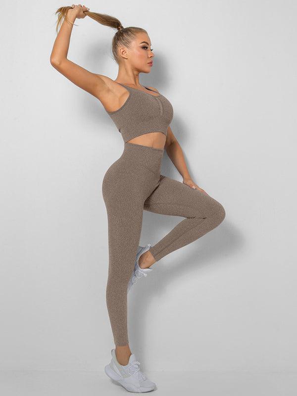 Women's Seamless High Waist Peach Gym Pants Vest Sports Two-piece Set