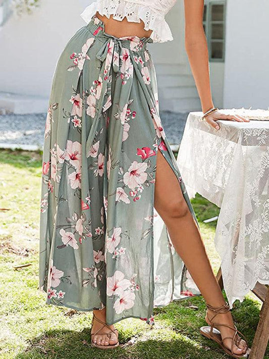 Spring and Summer New Loose High Waist Printed Bowknot Pleated Wide-leg Pants For Women