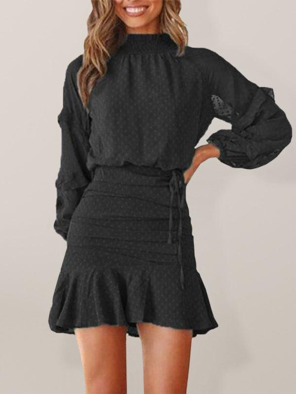 Women's Chiffon Jacquard Shirred Long-Seeve Shirt + Skirt Set - SALA