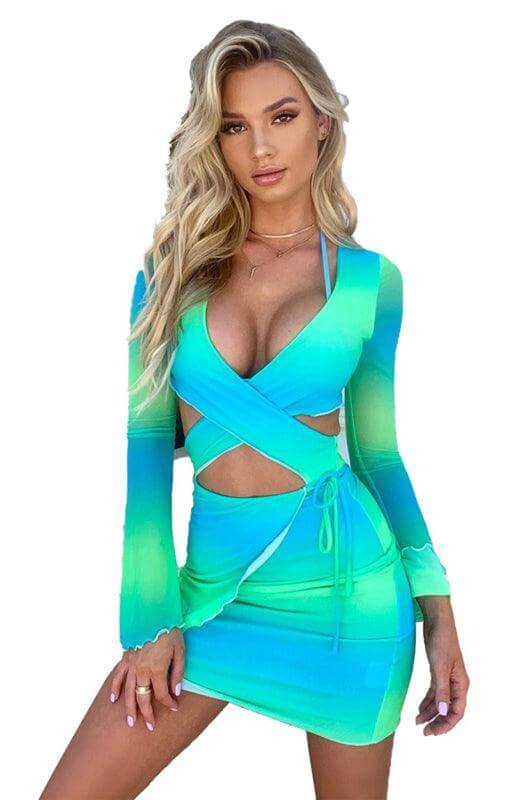 Women’s Contrasting Long Sleeve Belted Crossover Mini Dress - SALA