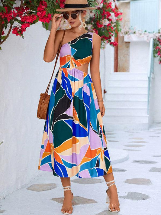 Women's Contrasting One-Shoulder Sleeveless Sun Dress - SALA