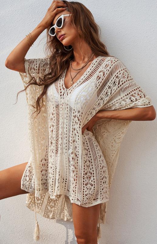 Crochet Knitted Tassel Tie Kimono Beachwear And Bikini Cover Up