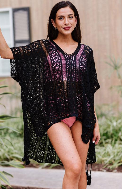 Crochet Knitted Tassel Tie Kimono Beachwear And Bikini Cover Up