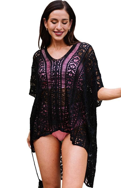 Crochet Knitted Tassel Tie Kimono Beachwear And Bikini Cover Up