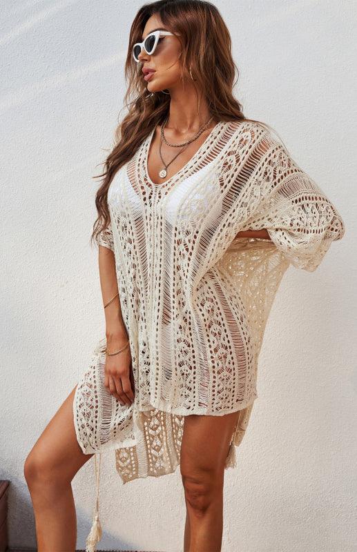 Crochet Knitted Tassel Tie Kimono Beachwear And Bikini Cover Up