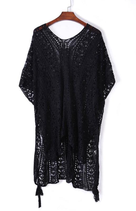 Crochet Knitted Tassel Tie Kimono Beachwear And Bikini Cover Up