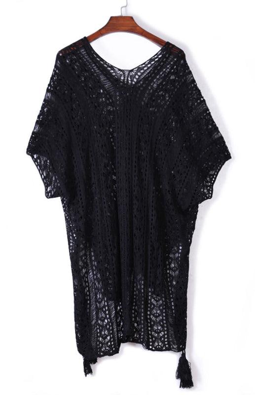 Crochet Knitted Tassel Tie Kimono Beachwear And Bikini Cover Up