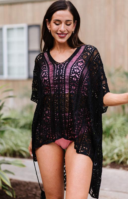 Crochet Knitted Tassel Tie Kimono Beachwear And Bikini Cover Up