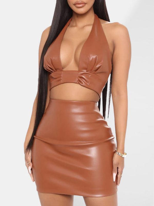 Women’s Faux Leather Crop Halter Top With Matching Skirt - SALA