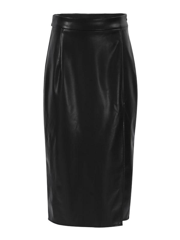Women’s Faux Leather Midi Pencil Skirt With Front Slit Design - SALA