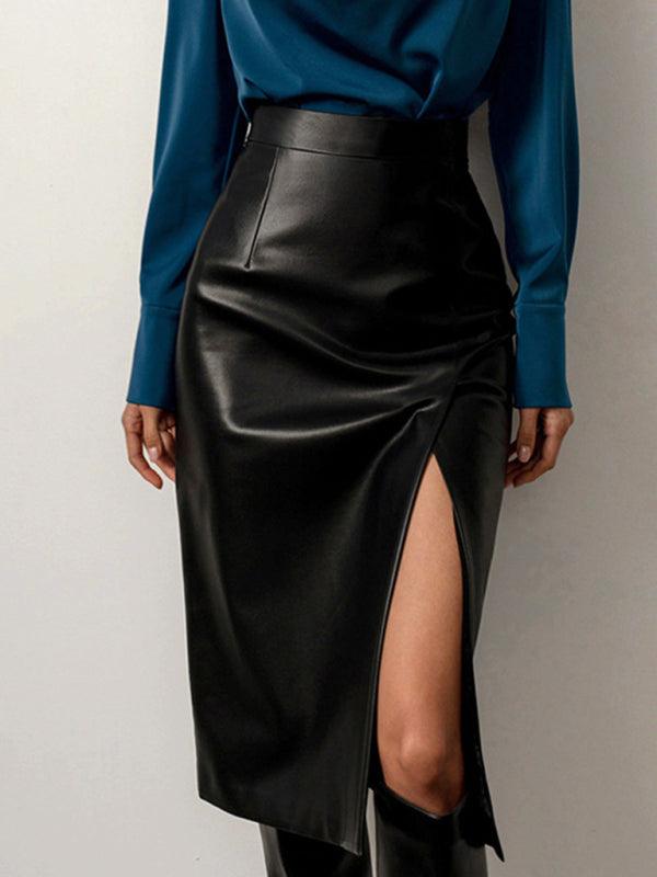 Women’s Faux Leather Midi Pencil Skirt With Front Slit Design - SALA
