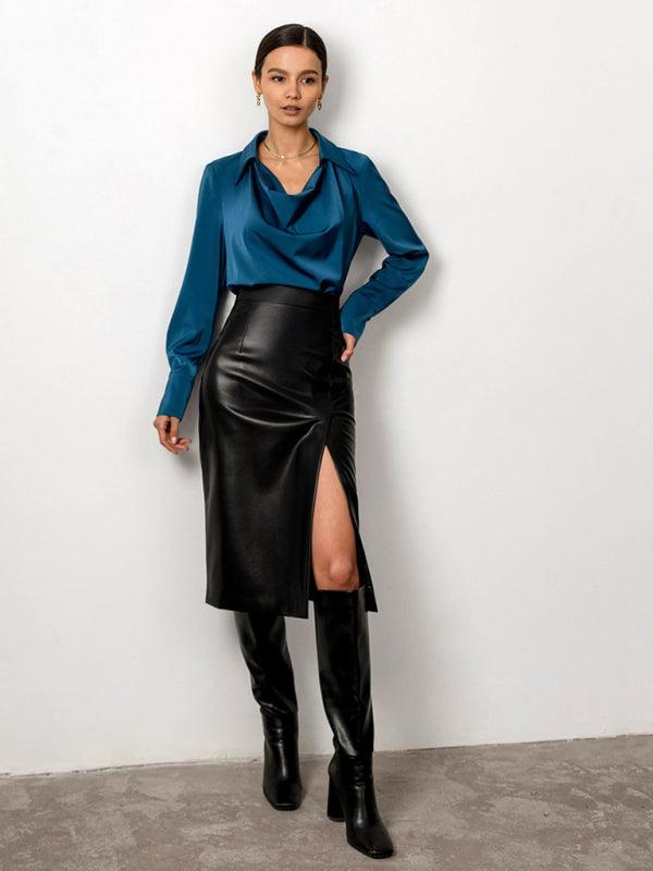 Women’s Solid Color Front Slit Faux Leather Midi Pencil Skirt
