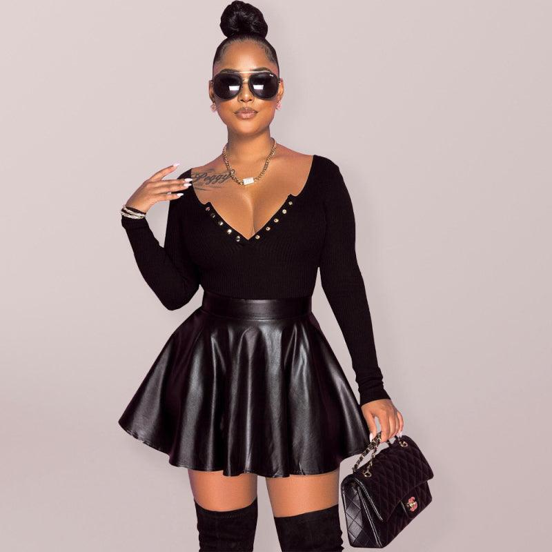 Women’s High Waist Swing Faux Leather Mini Skirt