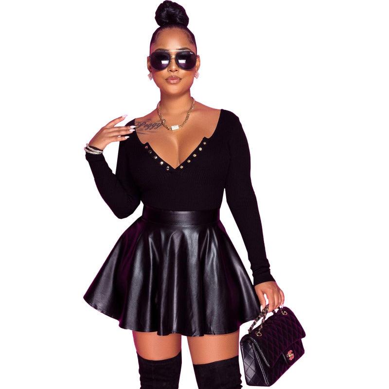 Women’s High Waist Swing Faux Leather Mini Skirt