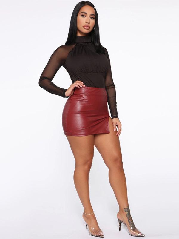 Women’s Faux Leather Miniskirt With Slit Hem Design - SALA