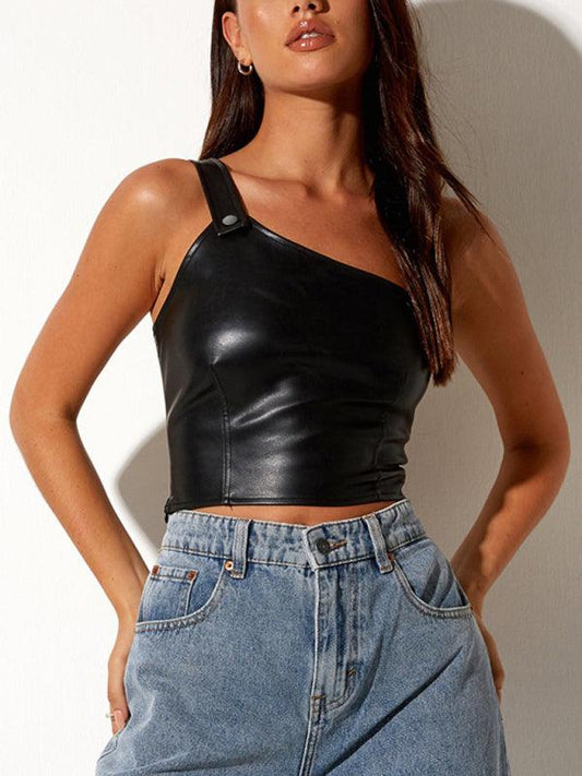 Women’s Faux Leather One-Shoulder Oblique Navel Vest Top - SALA