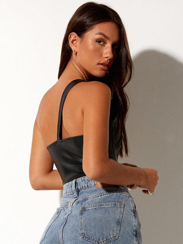 Women’s Faux Leather One-Shoulder Oblique Navel Vest Top - SALA