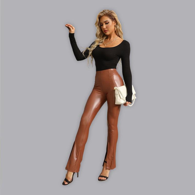 Women’s Faux Leather Pants With Slits - SALA