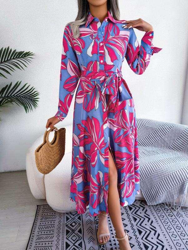 Women's Floral Print Lapel Tie Shirt Dress - SALA