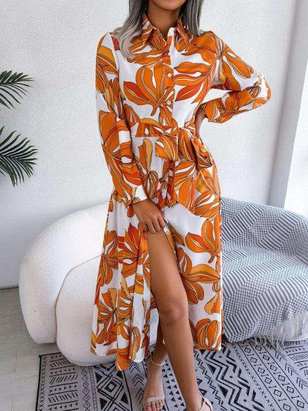 Women's Floral Print Lapel Tie Shirt Dress - SALA