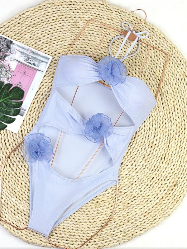 Women's High Waist Bikini Suit With 3-D Flower Halter Design - SALA