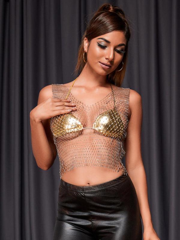 Sexy Nightclub Fishnet Hollow Rhinestone Vest Mesh Flashing Diamond Sling Jacket