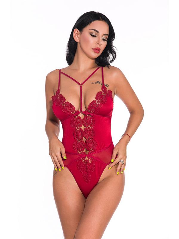 Women’s Hollow Lace V-Neck Lingerie Leotard - SALA