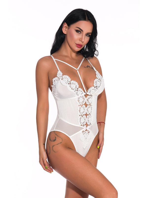 Women’s Hollow Lace V-Neck Lingerie Leotard - SALA