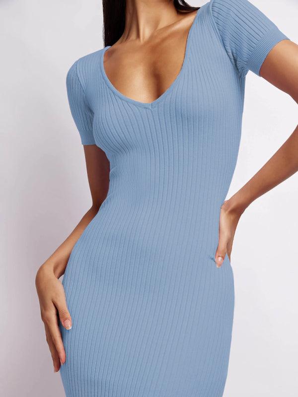 Women's Knitted V-Neck Short Sleeve Slit Dress - SALA