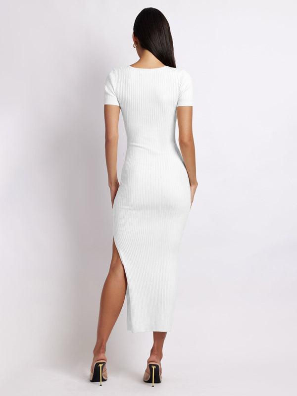 Women's Knitted V-Neck Short Sleeve Slit Dress - SALA