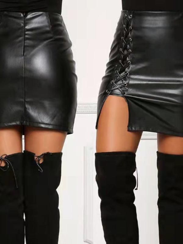 Women’s Lace Up Faux Leather Slit Mini Skirt - SALA