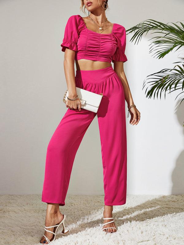 Women’s Lantern Sleeve Top + Navel Straight Leg Pants Set - SALA