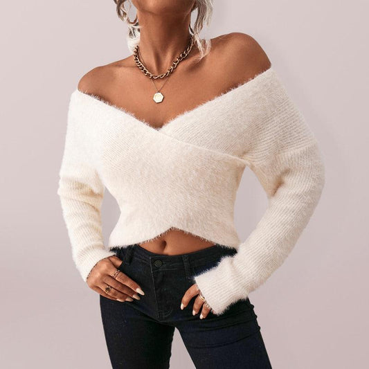 Women’s Long Sleeve Off Shoulder V Neck Crop Sweater - SALA