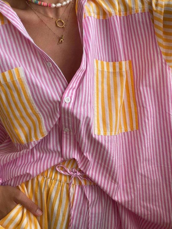 Women's Long Sleeve Striped Button Shirt + Drawstring Short Set - SALA