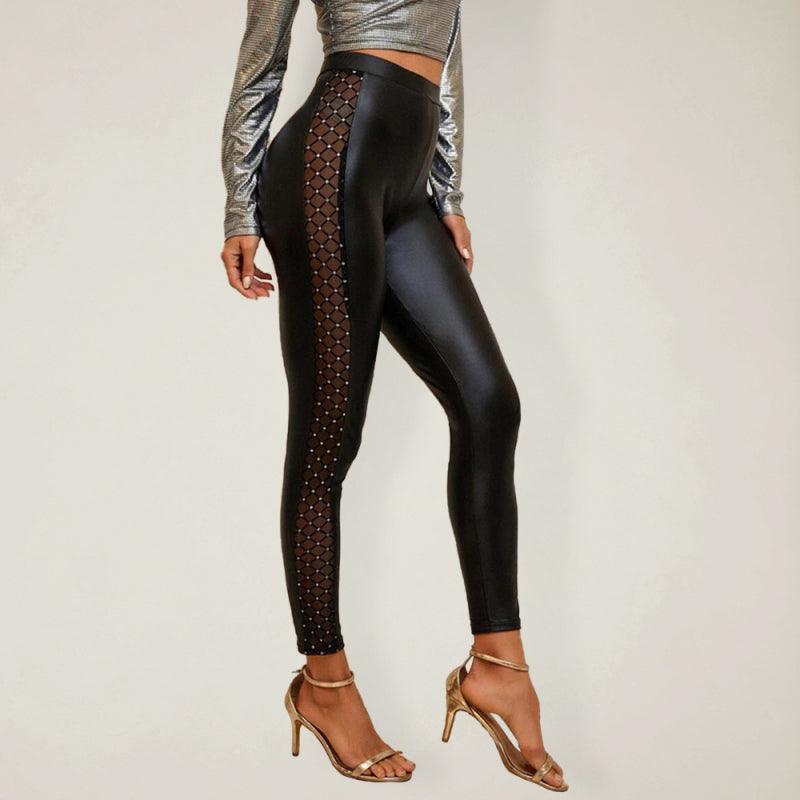 Women's Mesh Skinny Faux Leather Pants With Stretch Design - SALA