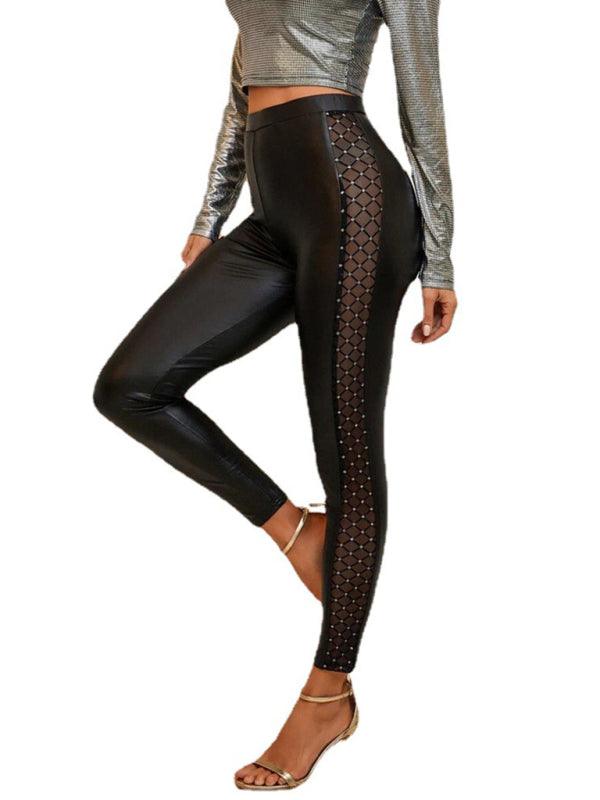 Women's Mesh Skinny Faux Leather Pants With Stretch Design - SALA