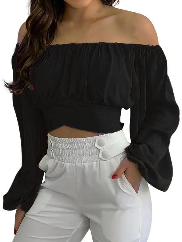 Women's Off-Shoulder Cross Strap Long Sleeve Top - SALA