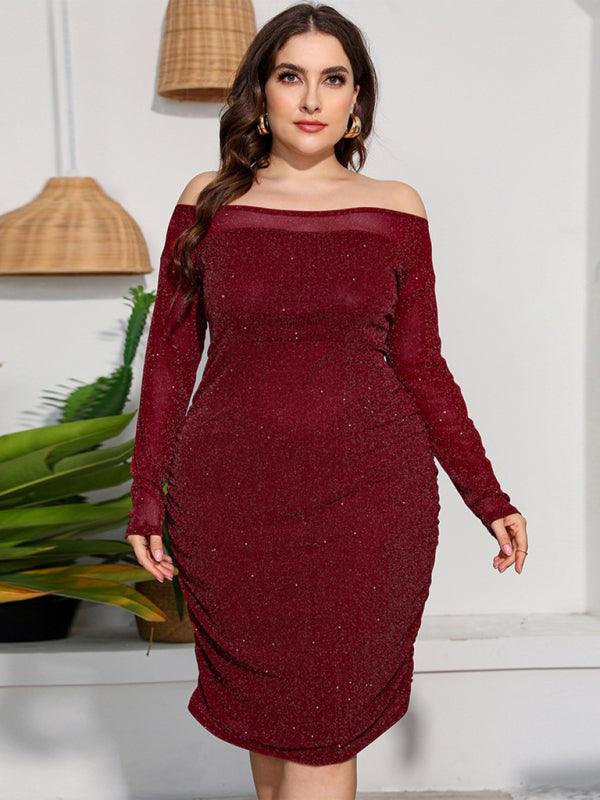 Women’s Plus Size Shimmering Lace Long Sleeve Ruched Midi Dress - SALA