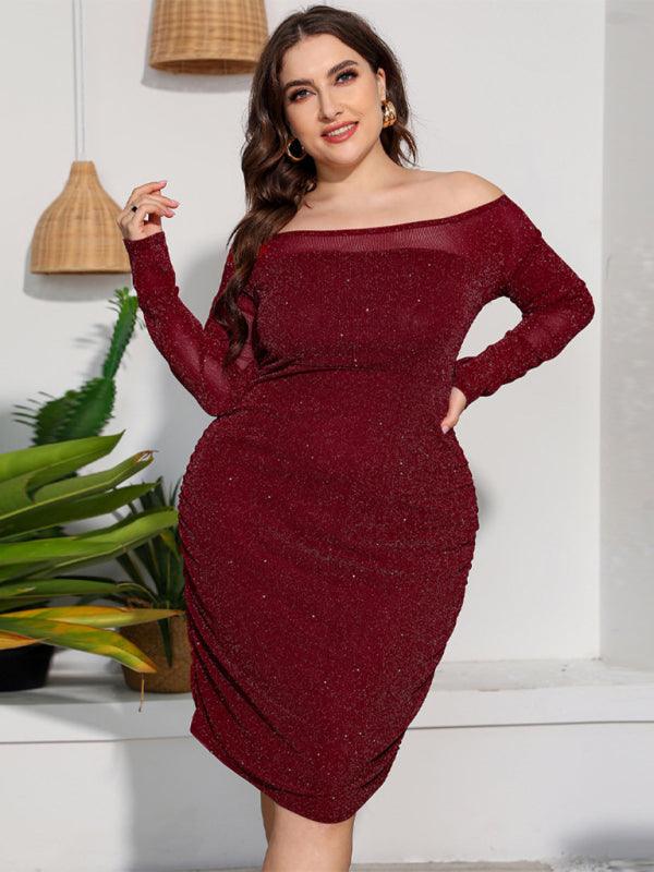 Women’s Plus Size Shimmering Lace Long Sleeve Ruched Midi Dress - SALA